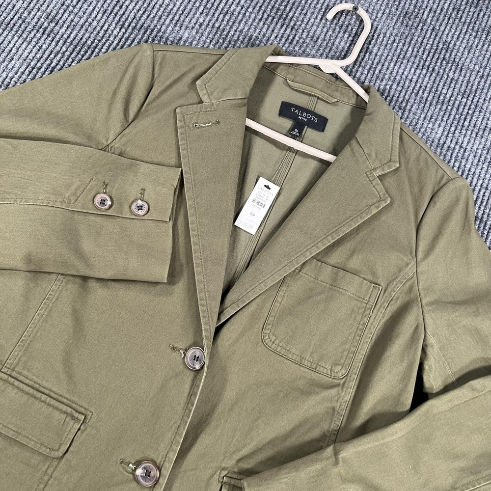 Talbots Blazer Womens Petite 6P Green Cotton Twill Button Front Jacket Pockets
